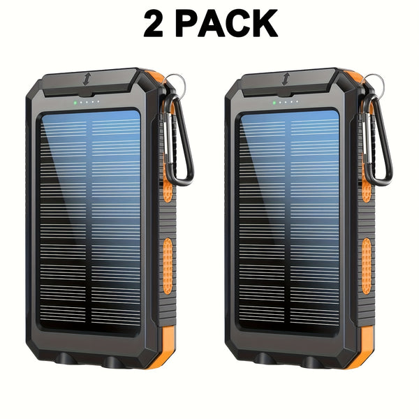 2pcs 20000mAh Portable Solar Power Bank, Portable Solar Mobile Phone Charger, Camping External Battery Charger for Mobile Phones, 2 USB/ LED Flashlights with Compass for Outdoor Activities