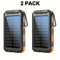 2pcs 20000mAh Portable Solar Power Bank, Portable Solar Mobile Phone Charger, Camping External Battery Charger for Mobile Phones, 2 USB/ LED Flashlights with Compass for Outdoor Activities