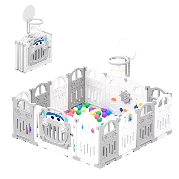 UBRAVOO Foldable Baby Playpen with Basketball Hoop & 50Pcs Coloured Pit Balls, Toddler and Baby Play Pen Fence, 14-Panel