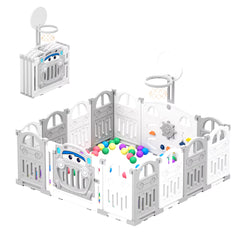 UBRAVOO Foldable Baby Playpen with Basketball Hoop & 50Pcs Coloured Pit Balls, Toddler and Baby Play Pen Fence, 14-Panel