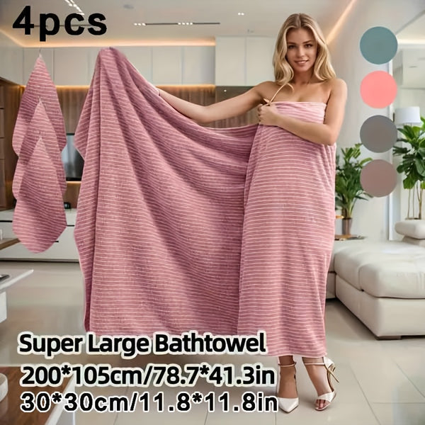 4pcs Extra Large Bath Towel Set with Star Stripes, Full Body Wrap Towel, Face Towel, and Hair Towel - 1pc Extra Soft Coral Fleece Bath Towel (200x105cm) + 3pcs Square Towels (30x30cm), Quick-Dry, Lint-Free, Durable - Ideal for Home, Beach, Outdoor Use - P