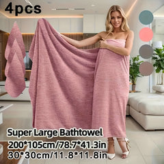 4pcs Extra Large Bath Towel Set with Star Stripes, Full Body Wrap Towel, Face Towel, and Hair Towel - 1pc Extra Soft Coral Fleece Bath Towel (200x105cm) + 3pcs Square Towels (30x30cm), Quick-Dry, Lint-Free, Durable - Ideal for Home, Beach, Outdoor Use - P