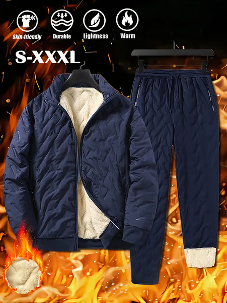 Men's 2pcs Casual Set: Fleece-Lined Thickened Jacket and Pants. Heavyweight Winter Sportswear with Zippered Cardigan Jacket, Fleece-Lined Warm Outerwear, Lamb's Lining. Matching Couple's Outfit for Men and Women. Leak-Proof Top and Pants with Elastic