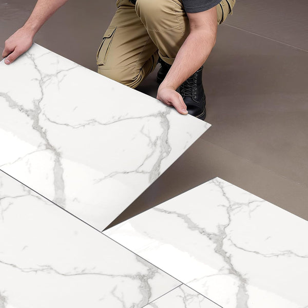 26/52pcs Marble Texture PVC Self-Adhesive Floor Tiles - Peel & Stick Easy Install for Rental Homes, Bedroom & Kitchen - Dark Gray/Light Gray/White Decorative Floor Renovation Patches (26, White)