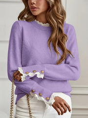 Ladies' Pullover with Lace Trim at The Cuffs And Neckline, a Casual And Elegant Sweater Top