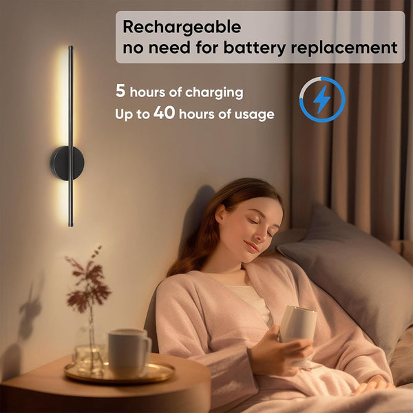 2pcs 50cm Rechargeable Wall Sconce Lights, Battery Operated Wall Lights 3 Color Temperature, Wall Lamp Dimmable Wireless with Remote Control Black for Living Room Bedroom