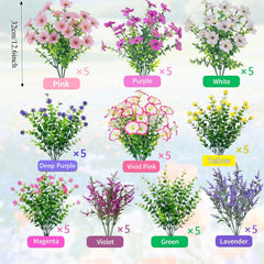 50 Bundles Outdoor Artificial Flowers - Lavender, Camellia, Horsetail Grass, Eucalyptus Leaves And More, UV Resistant Realistic Fake Flowers No Fading. Wedding Party