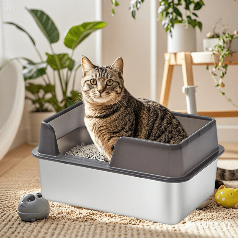 XL Stainless Steel Cat Litter Box, Large Cat Litter Tray with High Sides Anti Leakage, Odor Control, Metal Litter Box with Anti-slip Bottom, Easy Cleaning Kitten Litter Tray for Cats, Black Grey