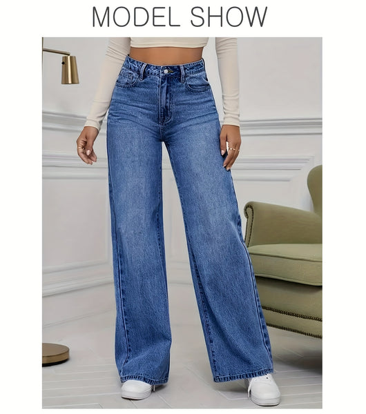 Women'S 2026 Autumn Winter New Stretch Straight-Leg Jeans, High-Waisted Loose Fit Jeans. Washed Blue Denim Trousers with Pockets, Tummy Control Comfort Pants, Elegant Ladies' Outfit, Wide Leg Casual Pants Suitable for Work, Travel And Office Wear
