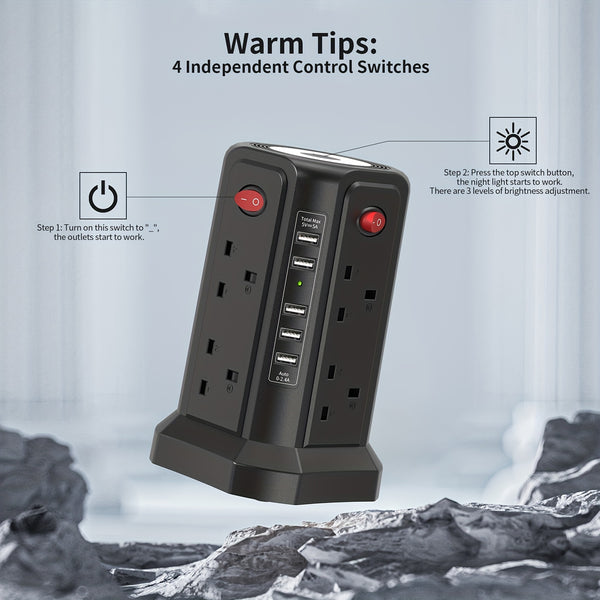 Upgraded New Product Tower Extension Lead with USB Slots 3.02m, 20W Fast Charger with Night Light, (13A 3250W)5 USB Ports & 8 Way, Surge Protected Extension Lead with 4 Independent Switch, Extension Cable for Home Office for Business for Factory