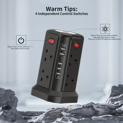 Upgraded New Product Tower Extension Lead with USB Slots 3.02m, 20W Fast Charger with Night Light, (13A 3250W)5 USB Ports & 8 Way, Surge Protected Extension Lead with 4 Independent Switch, Extension Cable for Home Office for Business for Factory