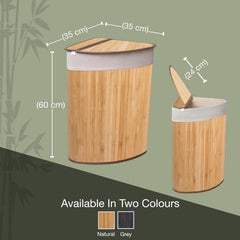 KNIGHT 57L Bamboo Laundry Hamper, Corner Laundry Basket with Swing Lid, Removable & Washable Lining, Easy to Assemble & Foldable Storage Bin,35x35x60 (Natural)