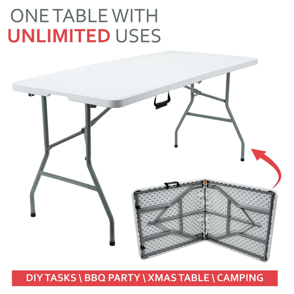 5ft 1.5m Heavy Duty Folding Table, Folding Camping Table with Handles for Outdoor & Indoor Use for BBQ, Picnic, Garden and Office Party
