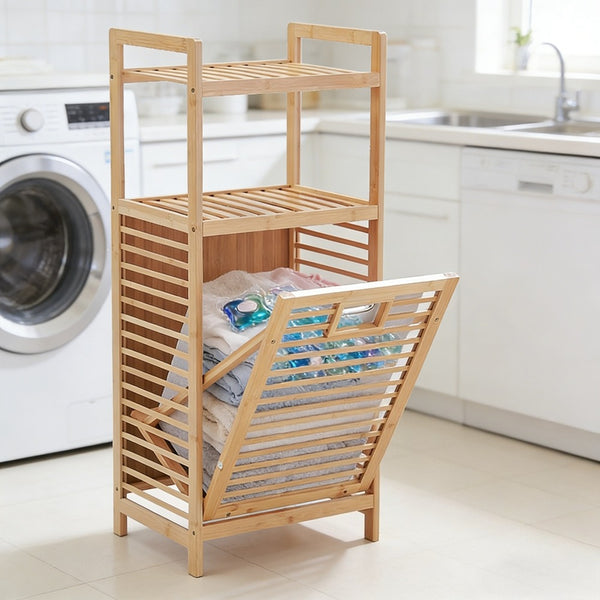Tilt Out Laundry Hamper, Bamboo Laundry Basket with Foldable Bag and 3 Open Shelves, Freestanding Clothes Storage Organizer for Bedroom, Bathroom, Living Room