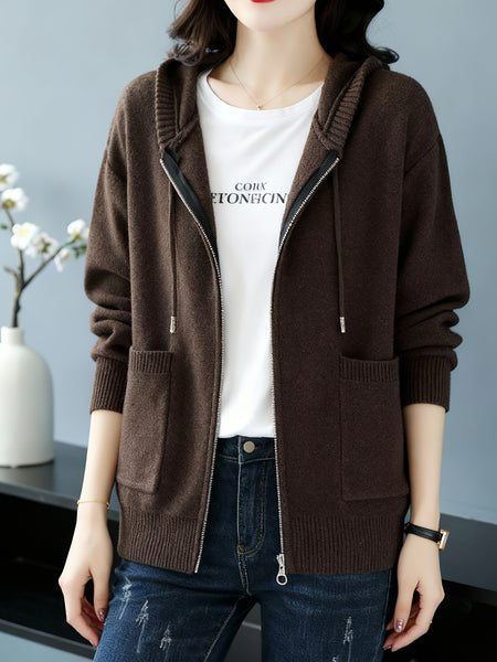 Women's New Fashionable Hooded Sweater, Outerwear with Hood, Cashmere Cardigan Autumn Wear, Drawstring Hood Design, Loose Fit, Cashmere Fabric Texture, Suitable for Women Who Pursue Comfort, Fashion and Warmth.