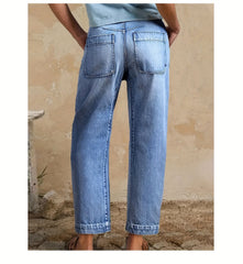 DD Women's 2026 New Stretchy Loose Cropped Jeans, Washed Blue Barrel Denim Trousers, Street Style Ladies' Outfit, Mid-waisted Pantalones with Pockets, 4 Seasons Weared Tummy Control Mom Pants Wide Leg Boyfriend Casual Pants for Travel Work and Office