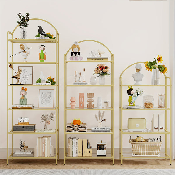 6 Tier Bookcase Bookshelf, Tempered Glass Bookshelves, Slim Shelving Unit for Bedroom, Bathroom, Home Office, Steel Frame, Golden