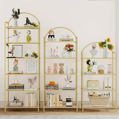 6 Tier Bookcase Bookshelf, Tempered Glass Bookshelves, Slim Shelving Unit for Bedroom, Bathroom, Home Office, Steel Frame, Golden