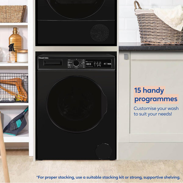 Russell Hobbs Freestanding Washing Machine, 8Kg Capacity, 1400 Rpm, 15 Programmes, Eco Technology, Rapid Wash Cycles, Black, RH814W111B