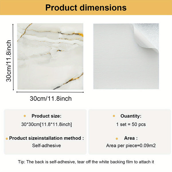 50pcs Marble Self-Adhesive Wall Tiles Wall Hanging Decor Fashion 30x30cm