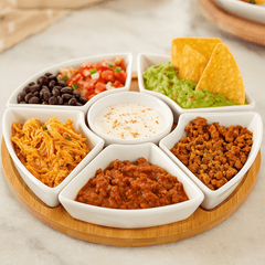 Christmas Divided tray as condiment bowl & snack platter, white buffet set for parties Rotating Snack Tray with 6 Removable Bowls Ceramic Divided Rotating Ceramic Serving Platter with Cover, Lazy Susan Storage Box for Taco Toppings, Snacks, Dip Sauces, Ki