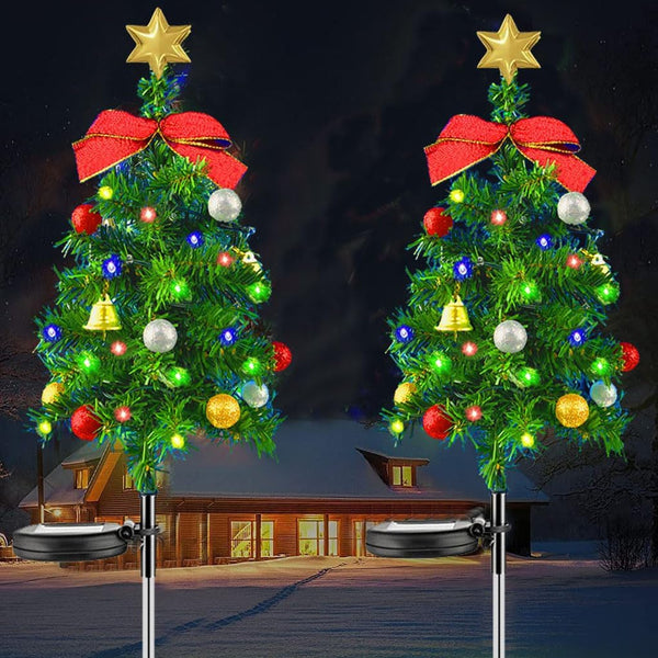 2 Set Solar Xmas Christmas Tree & Pathway Lights - Waterproof Outdoor Decor with Bow & Bell