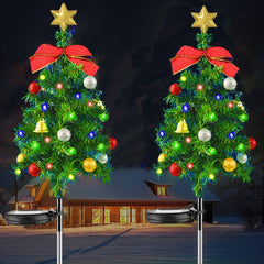 2 Set Solar Xmas Christmas Tree & Pathway Lights - Waterproof Outdoor Decor with Bow & Bell