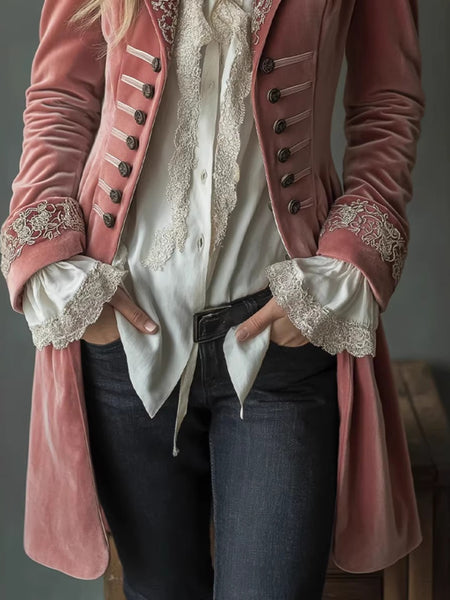 2026 Women'S Autumn Winter Long Sleeve Solid Color Patchwork Lace Golden Velvet Jacket European American Style