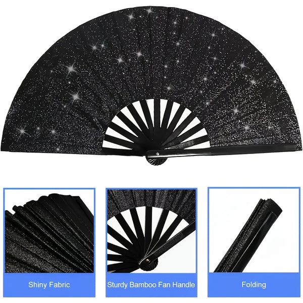 2pcs Large Matte Black Folding Fans - Elegant Chinese Kung Fu & Tai Chi Design with Sparkling Stars, Durable Nylon Fabric for Martial Arts, Dance Performances, Home Decor, Gifts - Retro Style, Performance Essentials | Retro Style Fans, Without Battery