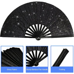 2pcs Large Matte Black Folding Fans - Elegant Chinese Kung Fu & Tai Chi Design with Sparkling Stars, Durable Nylon Fabric for Martial Arts, Dance Performances, Home Decor, Gifts - Retro Style, Performance Essentials | Retro Style Fans, Without Battery