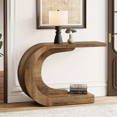 Mid-Century Modern C-Shaped Console Table 109.98 cm - Slim Engineered Wood Entryway Accent Table with Brown Finish, Easy Assembly for Living Room, Hallway, Foyer & Entryway, Console Table for Living Room, Hallway Furniture, Sturdy Furniture Construction