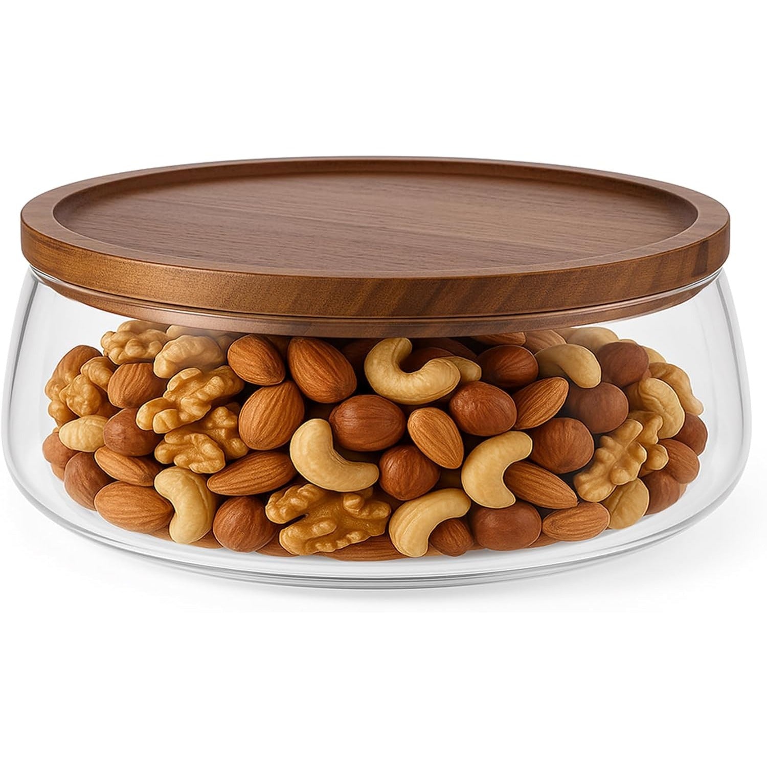Glass Fruit Bowl with Wooden Lid, Decorative Serving Bowl with Acacia Tray Cover – Large Clear Storage Bowl for Fruit, Snacks, Sweets, Salad or Table Display