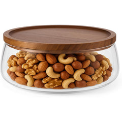 Glass Fruit Bowl with Wooden Lid, Decorative Serving Bowl with Acacia Tray Cover – Large Clear Storage Bowl for Fruit, Snacks, Sweets, Salad or Table Display