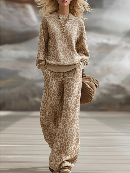 Women's Leopard Print Casual Suit, Loose Crew Neck Sweater + Wide-leg Pants Two-piece Set, Daily Social Lazy Style Fashion Suit, Lazy High-end Style, Women's Fashion Leopard Print Two-piece Set