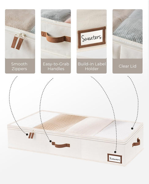 Storageworks Underbed Storage Boxes with Lids, Large under Bed Storage Box Containers for Bedroom Accessories Organising Clothes Bedding, Rigid under Bed Organisers Ultra Thick, Ivory White, 2-Pack