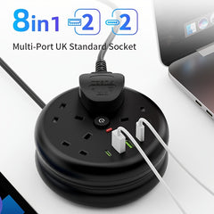 8-in-1 Power Strip Surge Protector/ Power Board/ Extension Socket with 2m Retractable Cord, 3250W, 13A, Portable Power Socket, Overload Protection, 4 AC Power Sockets, 4 USB Ports, Suitable for Home, Kitchen, Office Or Hotel Use.