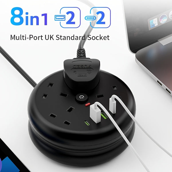 8-in-1 Power Strip Surge Protector/ Power Board/ Extension Socket with 2m Retractable Cord, 3250W, 13A, Portable Power Socket, Overload Protection, 4 AC Power Sockets, 4 USB Ports, Suitable for Home, Kitchen, Office Or Hotel Use.