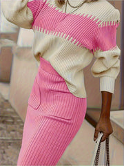 Chic Women's Ribbed Two-Piece Set: Color Block Sweater& Midi Skirt- Comfortable, Shaping Casual Wear for Fashion-Forward Ladies