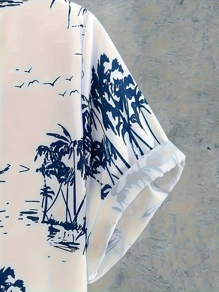 3pcs Men'S Tropical Hibiscus & Palm Leaf Print Short Sleeve Summer Shirts - Breathable Non-Stretch Fabric, Button-Up Collar Casual Button-Up Shirt with Tropical, Hibiscus & Palm Leaf Design, Machine Washable, Perfect For Beach, Vacation