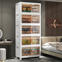 5-Tier Collapsible Plastic Storage Bins with Magnetic Doors & Wheels - Stackable High Quality Organizer, Transparent Tawny, Large Capacity (55.12x33.02x153.92cm) for Bedroom, Living Room, Kitchen, Entryway - Easy Tool-Free Assembly, Modern Aesthetic, Smoo
