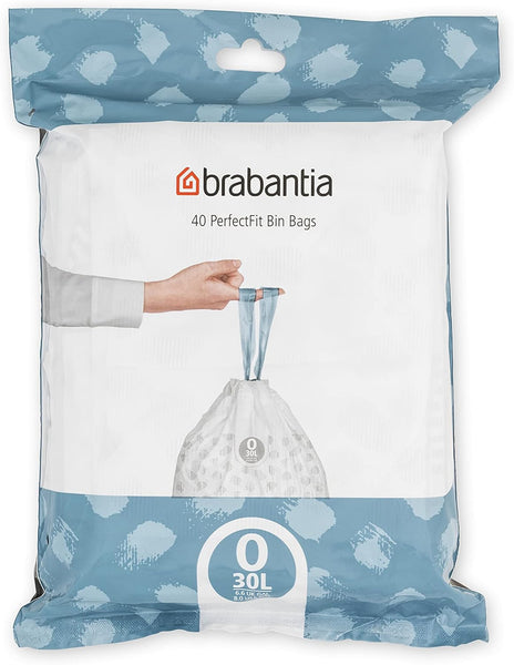 Brabantia Perfectfit Bin Liners (Size G/23-30 Litre) Thick Plastic Trash Bags with Tie Tape Drawstring Handles (40 Bags)