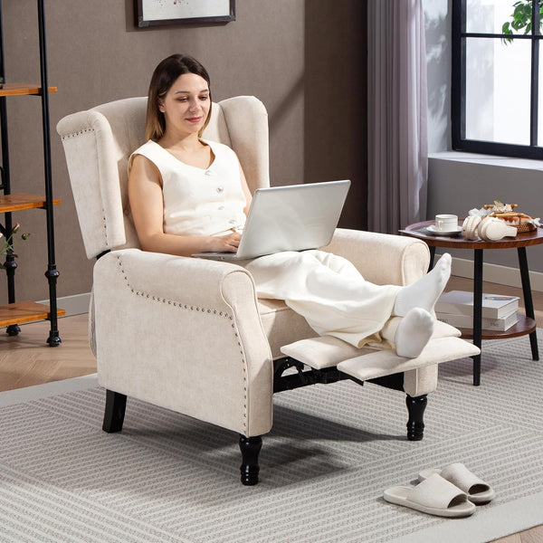 HOMCOM Recliner Armchair, Vintage Reclining Chair with Nail Head Trim, Wingback Chair with Button Tufted Back and Footrest, for Living Room, Beige