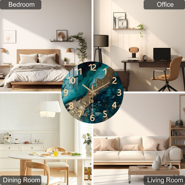Green Marble Wooden Wall Silent Clock