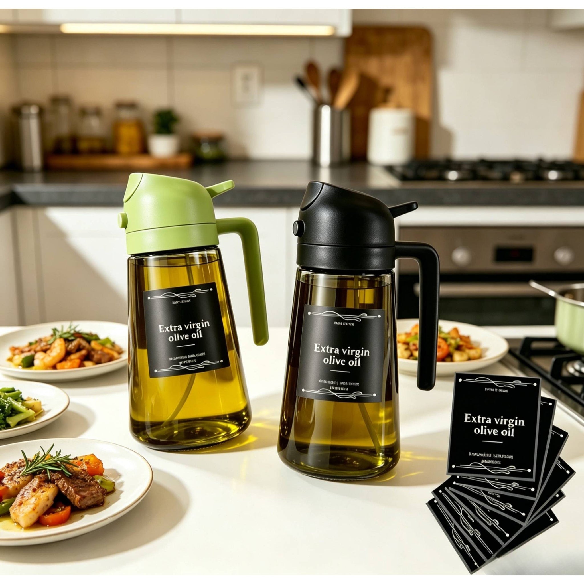 2 Kitchen Glass Olive Oil Bottles with 6 Stickers, Oil Dispenser and Cooking Spray Device, 16oz Premium Dark Green Glass Oil Bottle, Perfect Cooking Tool for Grilling, Camping, and Salads, Nozzle Design for Easy Cleaning, Suitable for Cooking