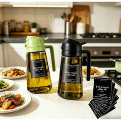 2 Kitchen Glass Olive Oil Bottles with 6 Stickers, Oil Dispenser and Cooking Spray Device, 16oz Premium Dark Green Glass Oil Bottle, Perfect Cooking Tool for Grilling, Camping, and Salads, Nozzle Design for Easy Cleaning, Suitable for Cooking