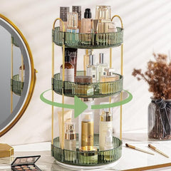 Bathroom Vanity Organizer Green 23x23x47cm, 3-Tier Spinning Cosmetics Organizer Tray, High-Capacity Skincare Perfumes Storage Rack, Suitable for Bedroom Bathroom Countertop