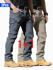 2pcs Men'S Tactical Cargo Pants, Multi-Pocket Casual Style, Elasticity Composite Fabric, Breathable, Suitable for Casual Outing, Hiking, Outdoor Sports, Worn by Middle-Aged And Elderly, Spring And Autumn Style (Belt Excluded)
