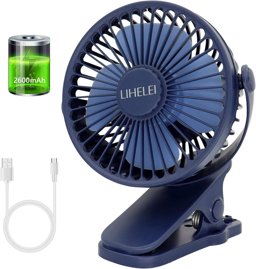 Portable USB Desk Fan - Rechargeable 2600Mah Stroller Fan with Powerful Airflow, Low Noise Clip-On Design for Pram, Camping, Home, Office, Travel_Black