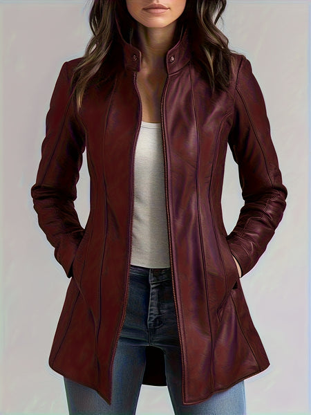 CHIDU Women's Leather Jacket, PU Slim-fit Retro Motorcycle Women's Jacket, Windproof Women's Jacket, Suitable for Spring, Autumn And Winter Jackets, Pockets, Zipper, Turtleneck, Global ALL, Mid-length Casual Women's Jacket