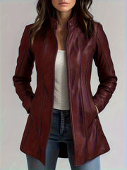 CHIDU Women's Leather Jacket, PU Slim-fit Retro Motorcycle Women's Jacket, Windproof Women's Jacket, Suitable for Spring, Autumn And Winter Jackets, Pockets, Zipper, Turtleneck, Global ALL, Mid-length Casual Women's Jacket